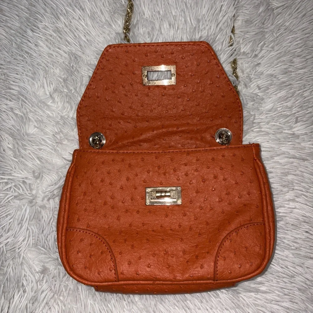 Chico's Bag Women's Orange Ostrich Textured Gold Chain Shoulder Handbag Purse